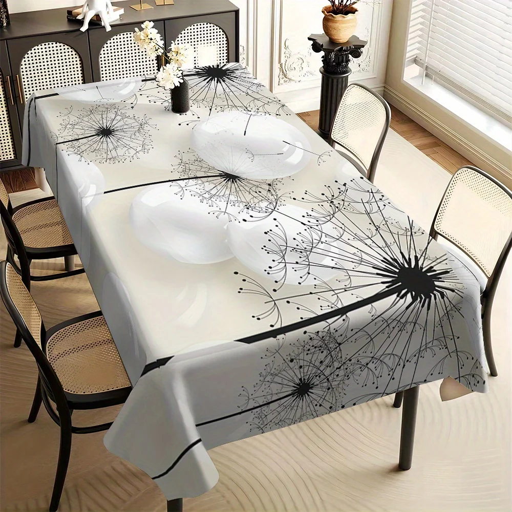 1pc 2D Flat Off White Background Black Dandelion Printed Tablecloth, Decorative Table Cover for Dining Table, Home Decor