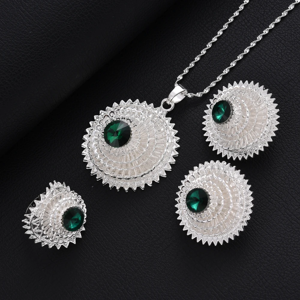 Eritrea Cute Big Red Zirconia Jewelry Set for women Ethiopian Silver plated Pendant/Earring/Ring Africa Bride Wedding Party Gift