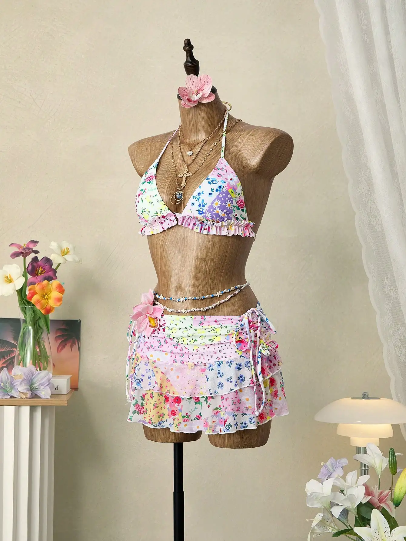 

Floral Patchwork Triangle Bikini Top With Ruched Drawstring Skirt And Waist Chain 3 Piece Swim Set For Women