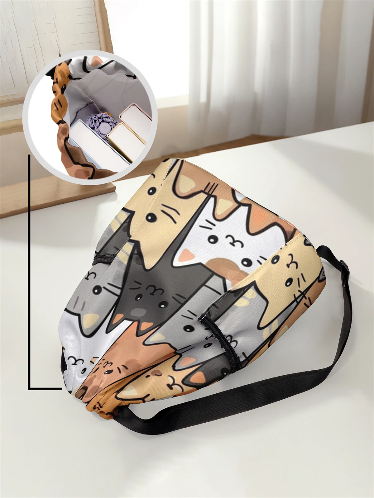 حقيبة ظهر برباط مطبوعة بنمط قطة لطيفة - حقيبة لياقة بدنية متينة ذات سعة كبيرة، حقيبة ظهر رياضية للشاطئ