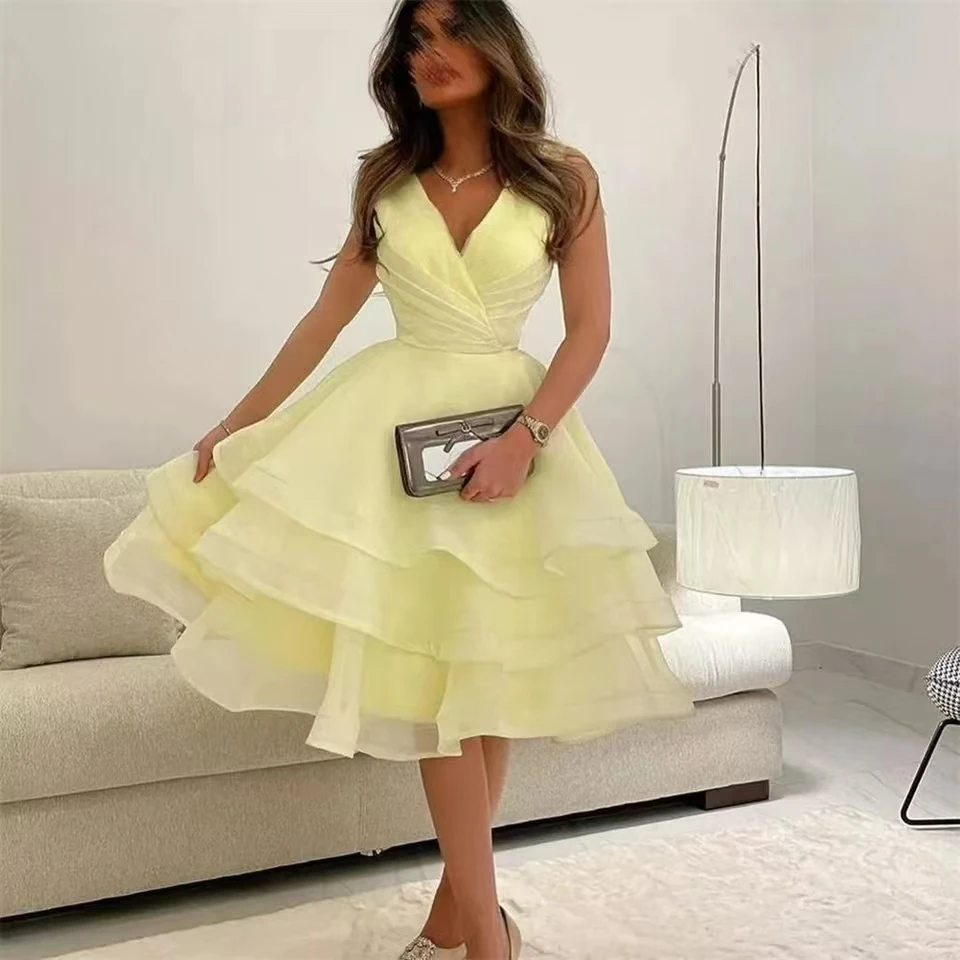 

Customized Short V-Neck Organza Evening Dresses A-Line Yellow Pleated حزب اللباس Tea Length Prom Dresses for Women