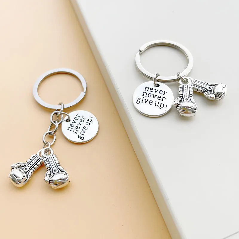 Cute never never give up!  Boxing Gloves Key Chain Inspirational Boxer Sports Men Boy Keyring