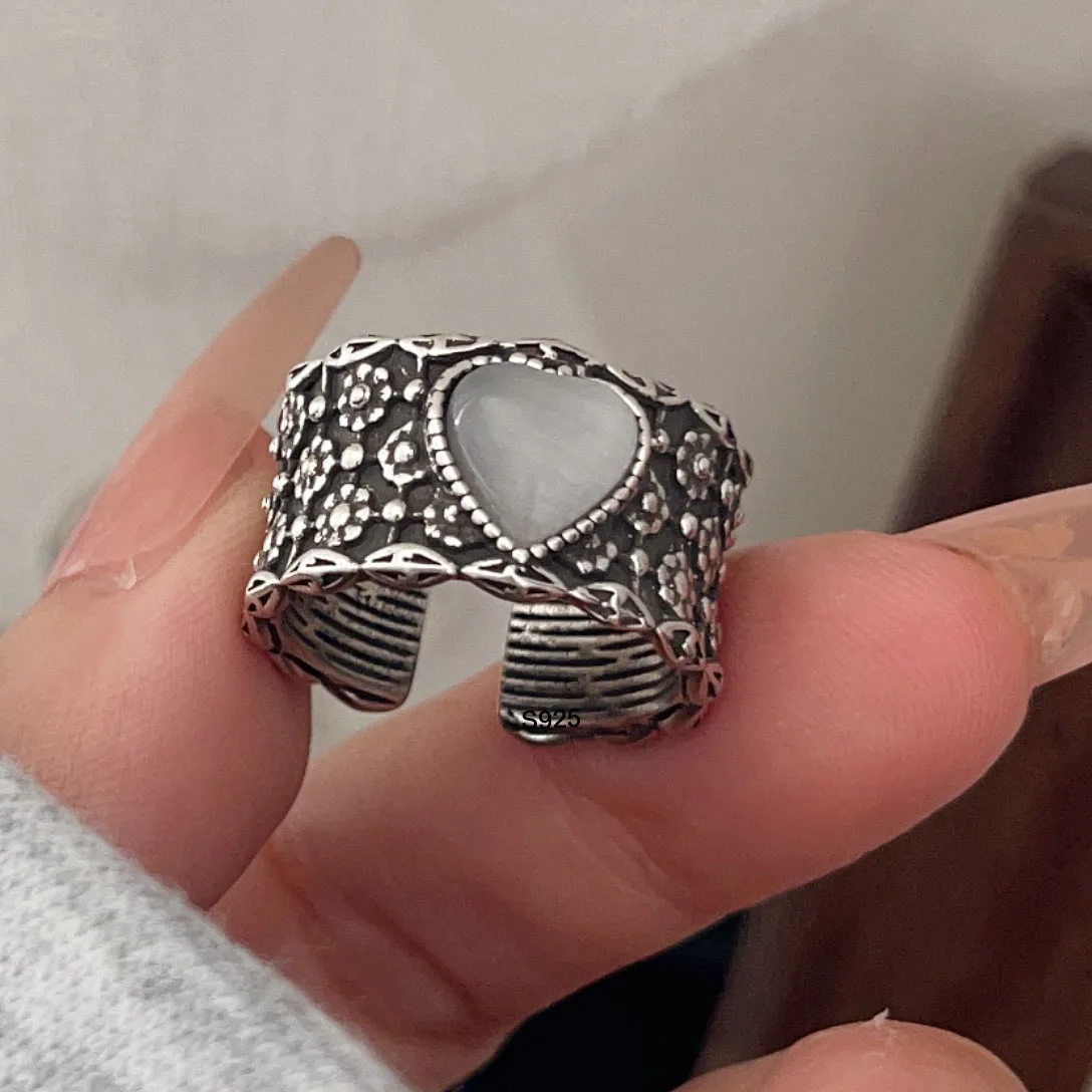 925 Sterling Silver Rings For Women Geometric Fine Jewelry Finger Adjustable Wide Heart Stone Ring For Party Birthday Gift