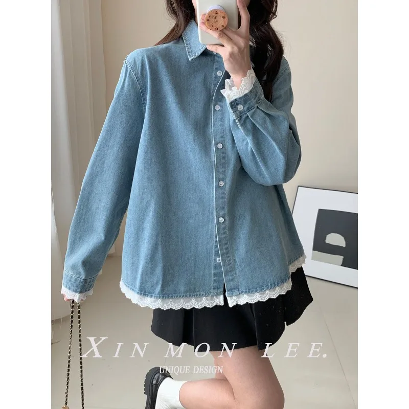 

Блузка-жакет однотонная женская весенняя с кружевной отделкой, джинсовая, с элементами пэчворка, для повседневной носки, удобная, минималистичная, модная, элегантная