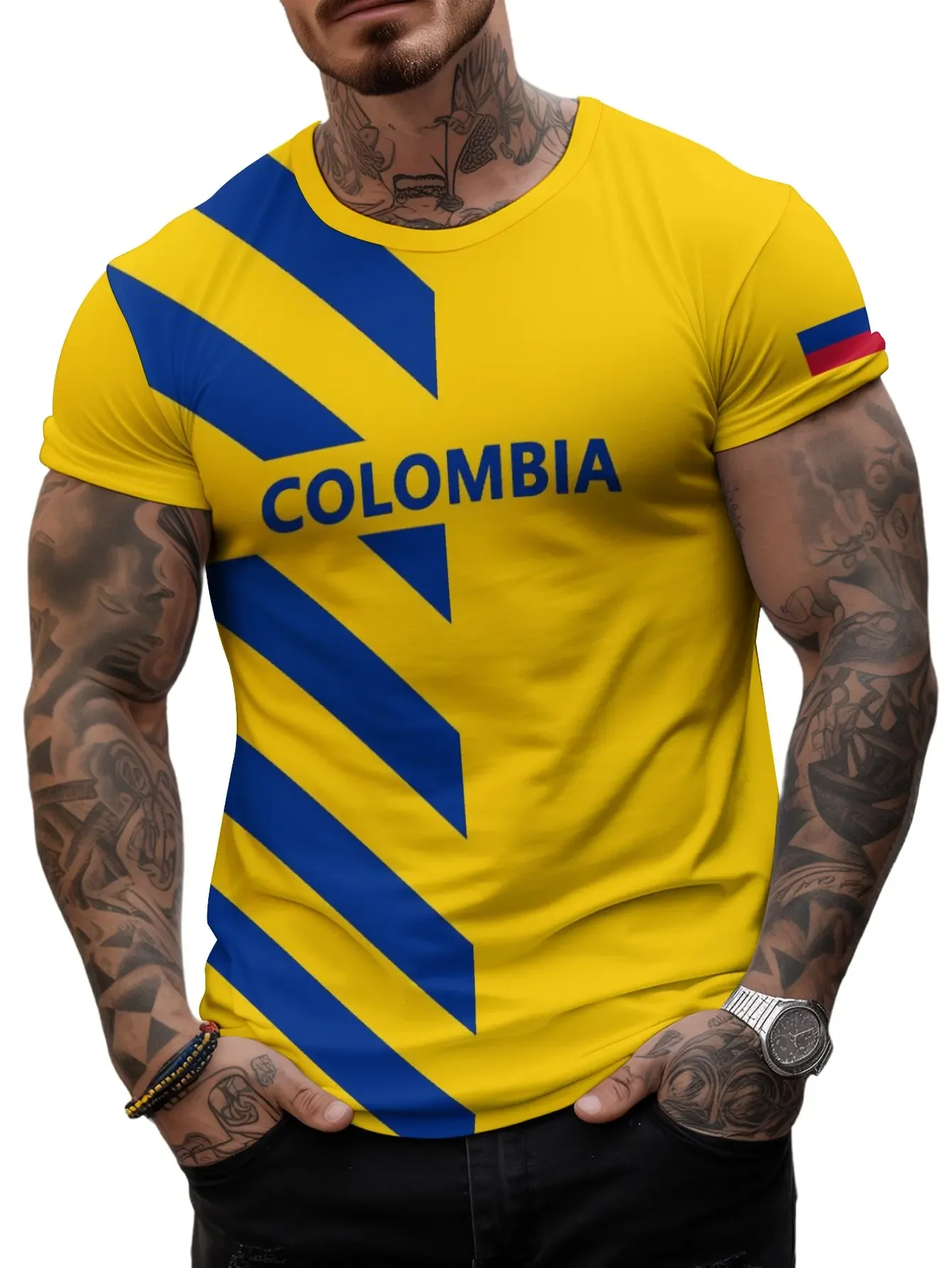 Simple Colombia football jersey 3D printed T-shirt, men\'s summer sports fitness running lightweight breathable quick-drying top