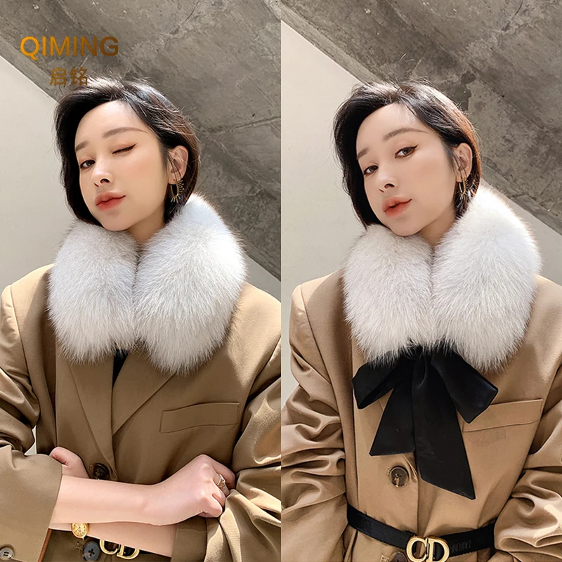 Woman Fox Fur Collar Ladies Winter Ribbon Luxury Designer Scarf Ring Coat Fashion Warmth Real Fox Fur Scarf Women Luxery Scarf