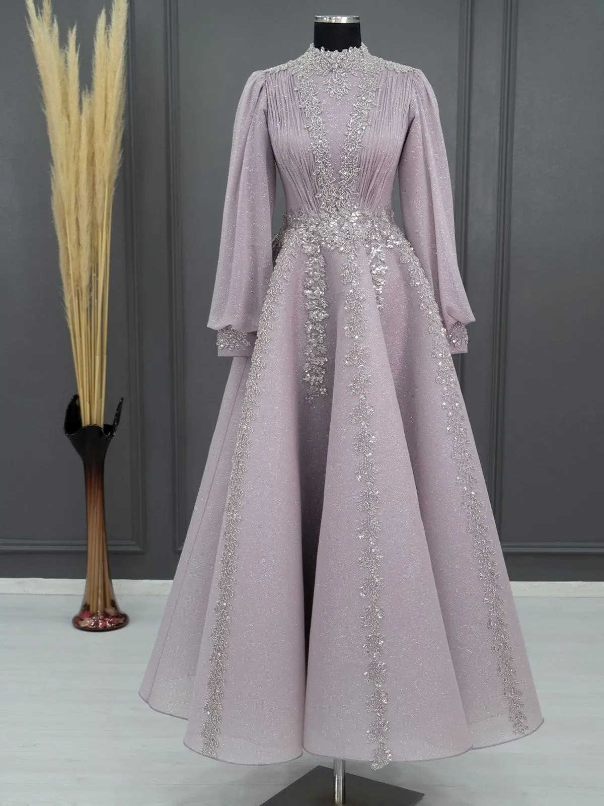 Dubai Muslim Formal Dress Robes De Soirée High Neck Arabic Islamic Abiye Elbise A-Line Long Sleeve Evening Dresses Beaded Lace