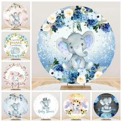 Elephant Round Backdrop Cover Baby Shower Boy Girl Birthday Party Pink Blue Flower Cute Elephant Circle Photography Background