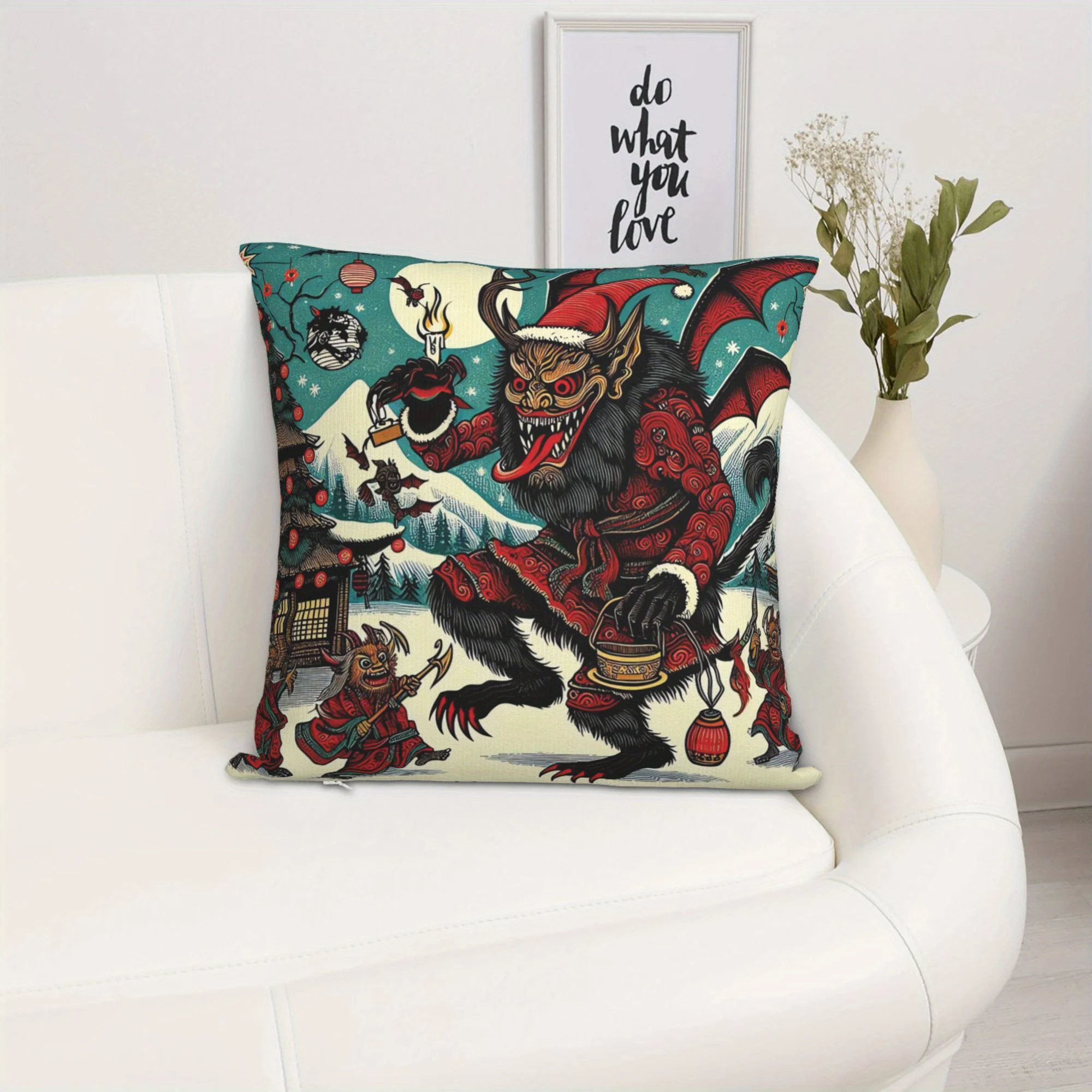 Vintage Krampus Japanese Woodcut Pillow Cover – Single-Sided Print, Zippered, Polyester, Machine Washable