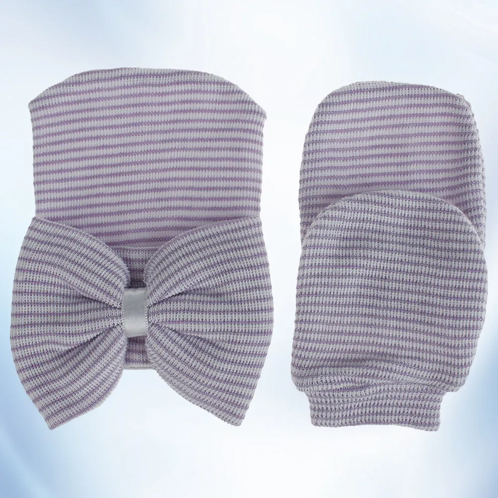 Baby Girl Knit Glove Hat Combo Bowknot Decorated Soft Yarn Material Warm Lightweight Safe for Newborns Purple White Infant Set