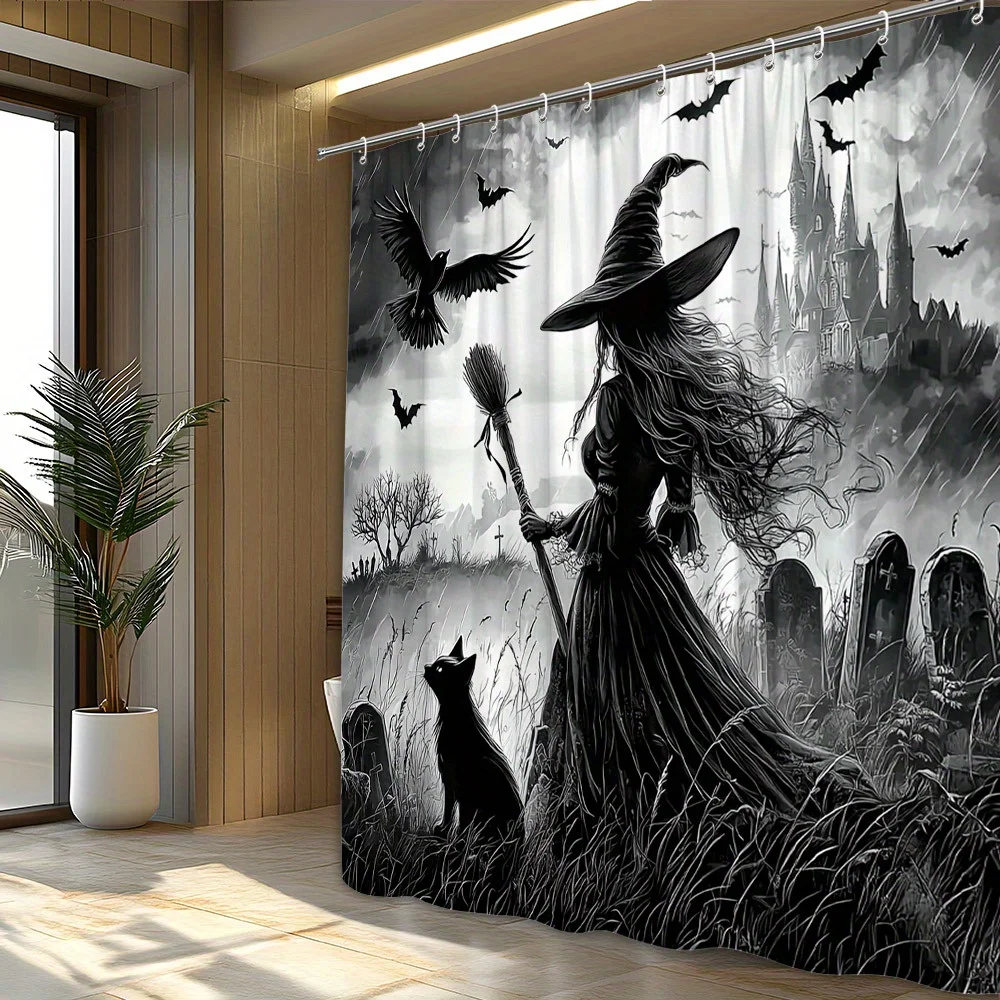 1pc a Gothic-Themed Shower Curtain Featuring a Witch with a Broomstick, a Black Cat, Bats, a Spooky Castle, And a Stormy Sky. Ma