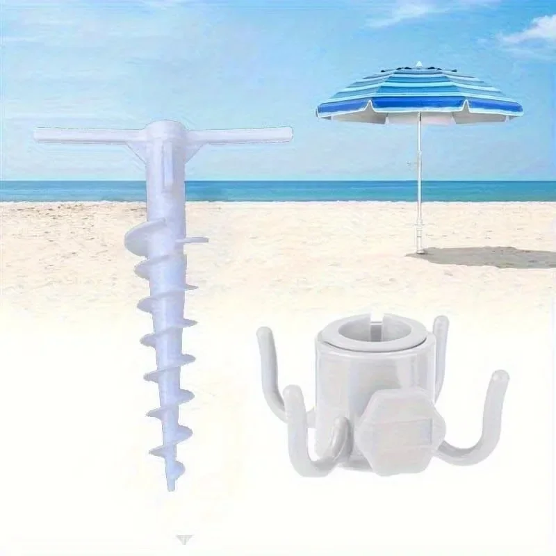 5 Spiral Screw In Sand Anchor, Beach Umbrella Ground Stake with 2 Hooks, Outdoor Patio Umbrella Accessories Set