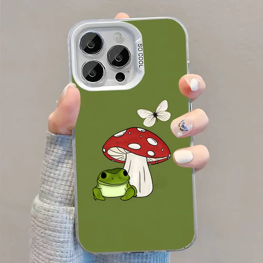 Mint Green The Frog Mushroom Phone Case For iPhone 16,15,14,13,12,11,Pro,XS,Max,Plus,Mini,SE White Candy Matte Shockproof Cover