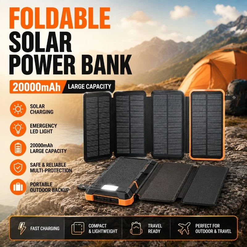 20000mAh Foldable Solar Power Bank LED Light Portable Charger for Camping Hiking Outdoor Emergency Backup Power Solar Power Bank