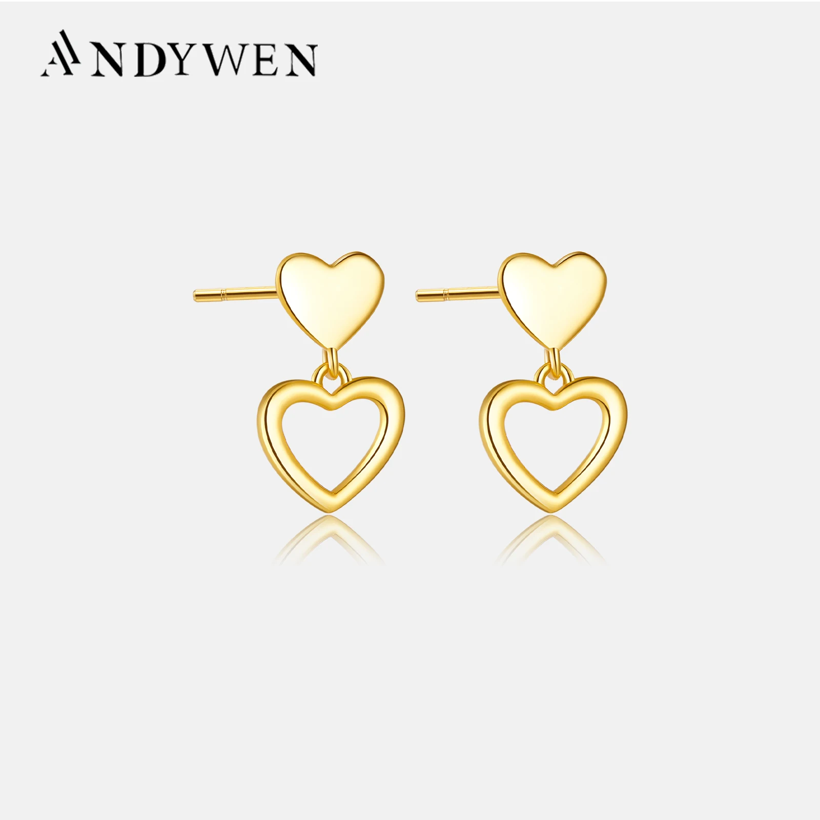 ANDYWEN 925 Sterling Silver Love Heart Stud Earring Piercing Clips Luxury Jewelry Pendiente Jewelry Plain Drop France Wedding