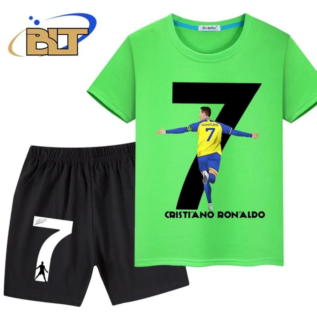 2025 Summer Ronaldo 3D Printed Summer Children's T-shirt Two piece Sports Shorts Set Suitable for Men and Women Comfortable, Sof image 6