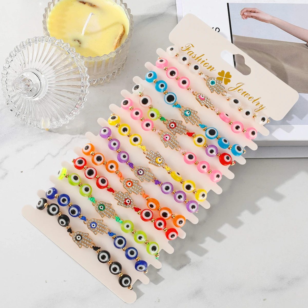 24Pcs Evil Eye Bracelet Pack Mexican Bracelet Set Handmade Evil Eye Strand Bracelet Adjustable Good Luck Anklet Jewelry Gift