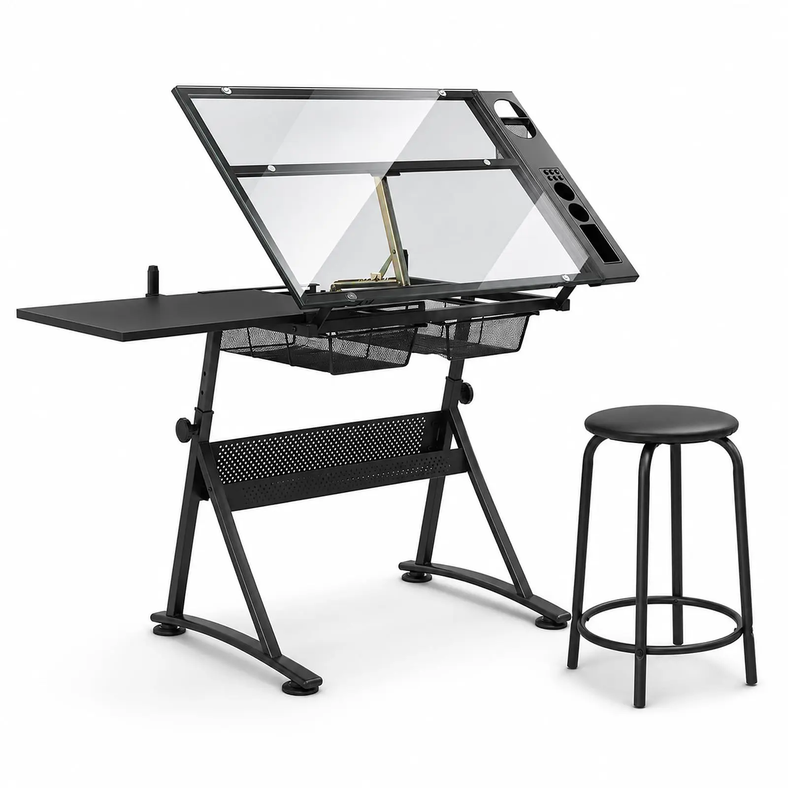 Glass Drafting Table W/Stool, ing Art Desk, Black