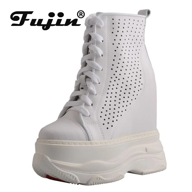 Fujin 14cm Cow Genuine Leather Autumn Spring Winter Plush Platform Wedge Ankle Boots Casual Summer Fashion Booties Hollow Shoes