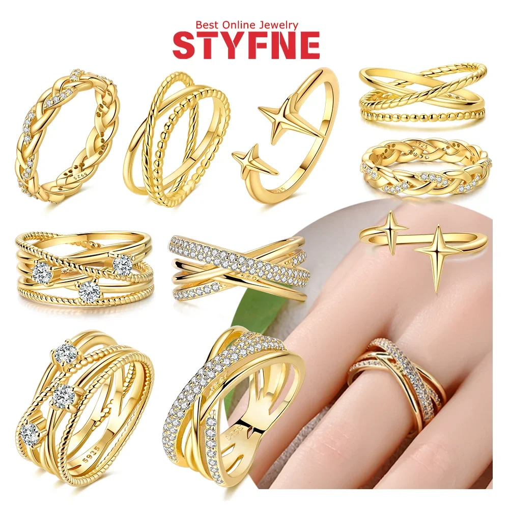 

Rings 925 Silver Gold Lucky Star Interwoven Lines Zircon Twist Ring Women Stacking Ring Fashion Jewelry Wedding Gift