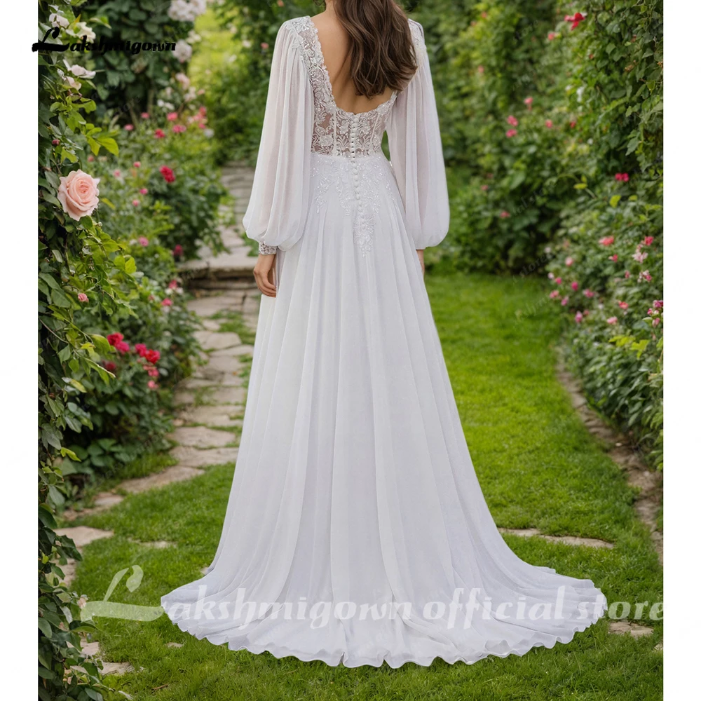 Lakshmigown Bohemisches, durchsichtiges Chiffon-Brautkleid mit langen Ärmeln für Strandhochzeiten, maßgeschneiderte Applikationen, V-Ausschnitt, Brautkleider nach Maß – Detail 6