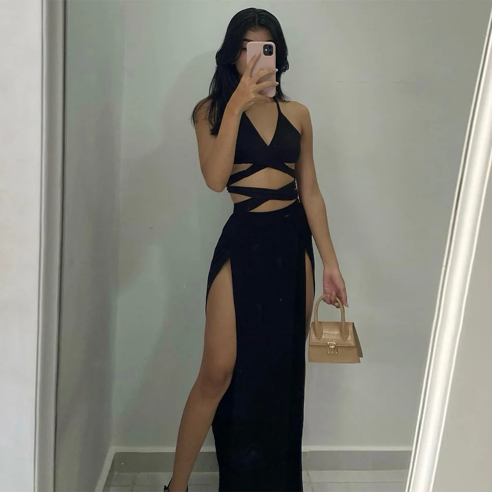 

Сексуальное черное вечернее платье из джерси по индивидуальному заказу, простые платья без рукавов с лямкой на шее, современные платья для выпускного вечера с открытой спиной для особых случаев