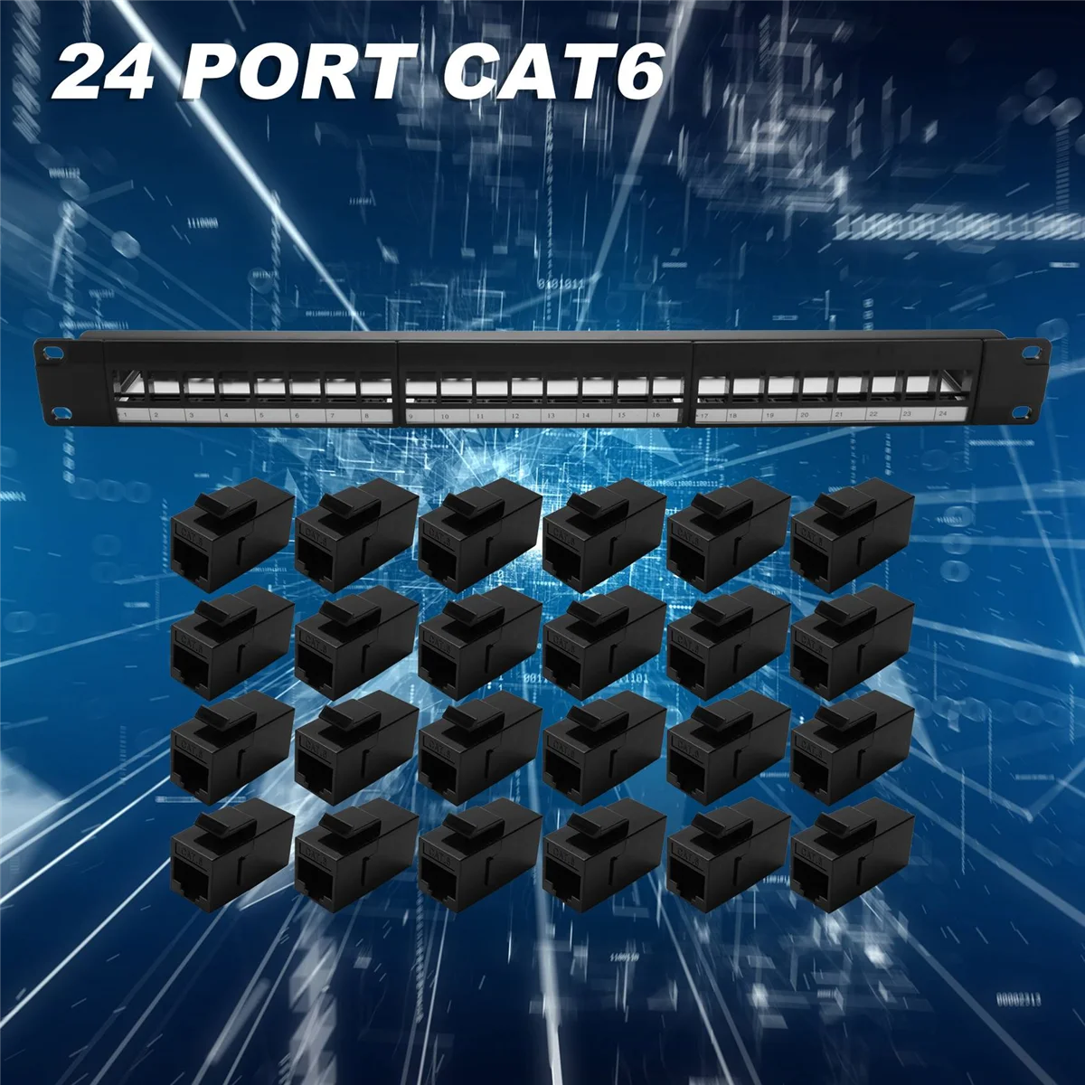 19Inch 1U Cabinet Rack Pass-Through 24 Port CAT6 Patch Panel RJ45 Cable Adapter Keystone Jack Modular Frame