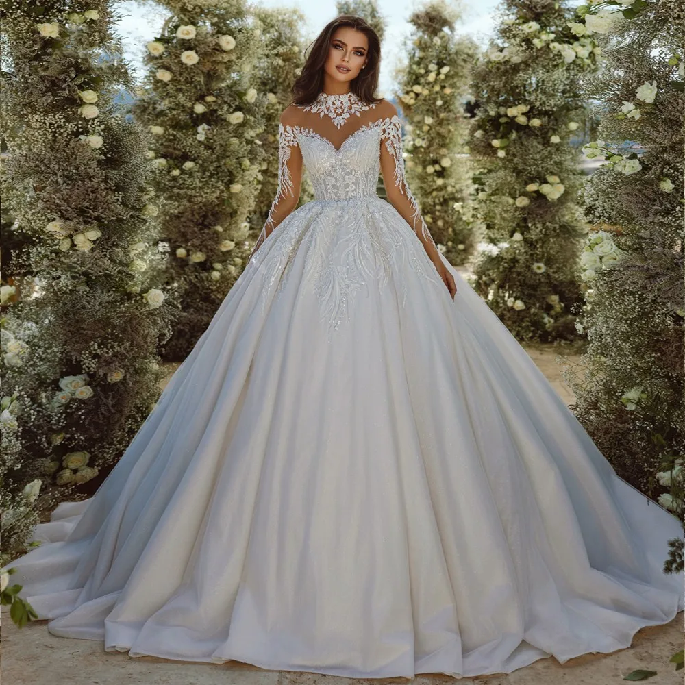

Luxury Wedding Dress 2023 High Neck Beading Pearls Appliques Lace Full Sleeves Bride Gowns Plus Size Vestido De Noiva