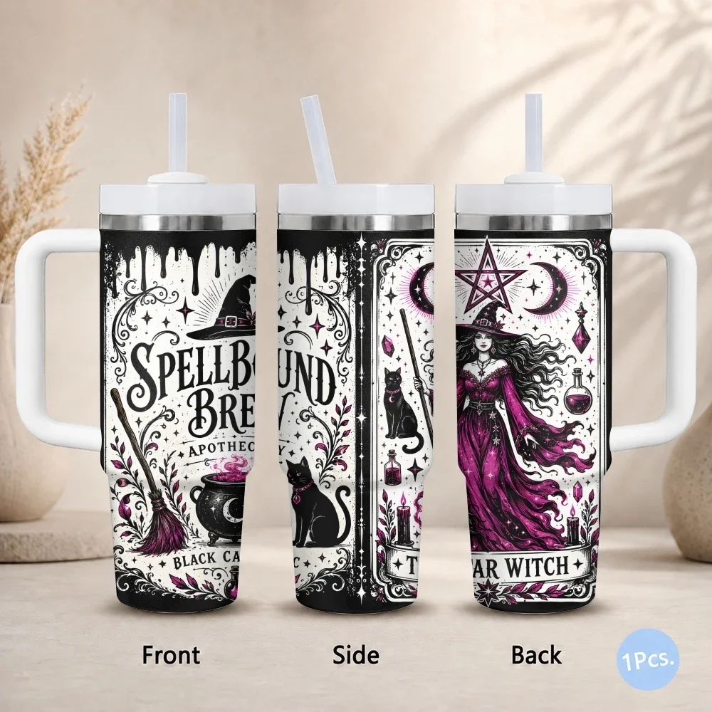 Witch Themed Vacuum Flasks 40oz Thermal Stainless Steel Tumbler with Handle Straw Leakproof Mugorders for other colors will be shipped randomly in black or white