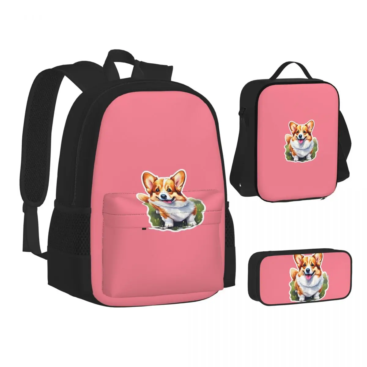 

Corgi Watercolor Backpacks Boys Girls Bookbag Students School Bags Kids Rucksack Lunch Bag Pen Bag Three-Piece Set