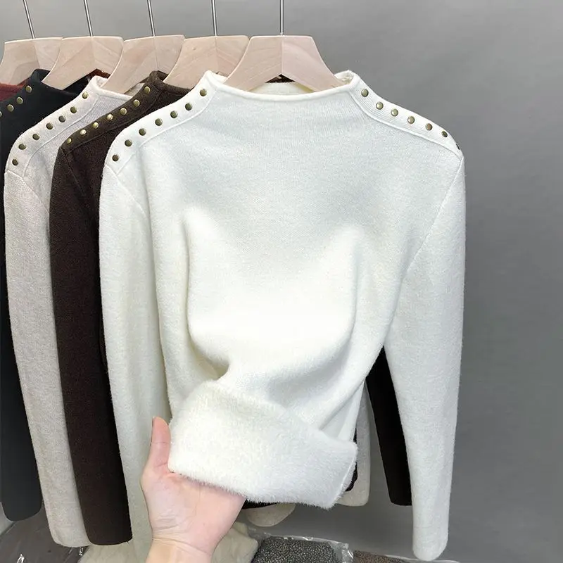 Winter Women Stylish Vintage Rivet Velvet Thick Warm Basic Knitted Sweater Solid Half High Collar Long Sleeve Slim Pullover Tops