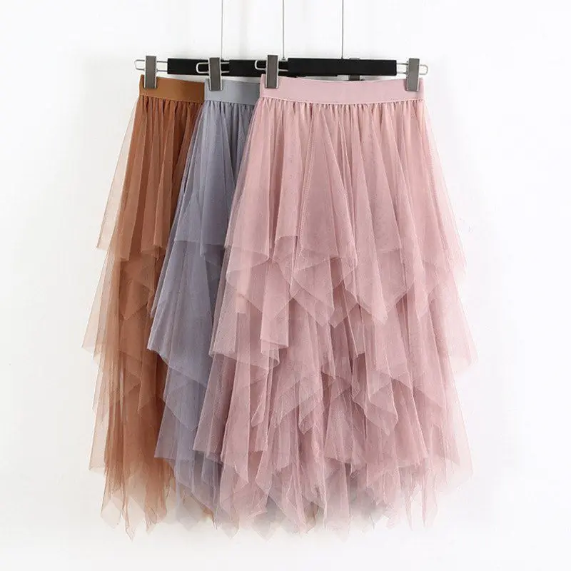 Women Elastic High Waist Irregular Mesh Stitching Wild Long Paragraph Skirt Solid Color