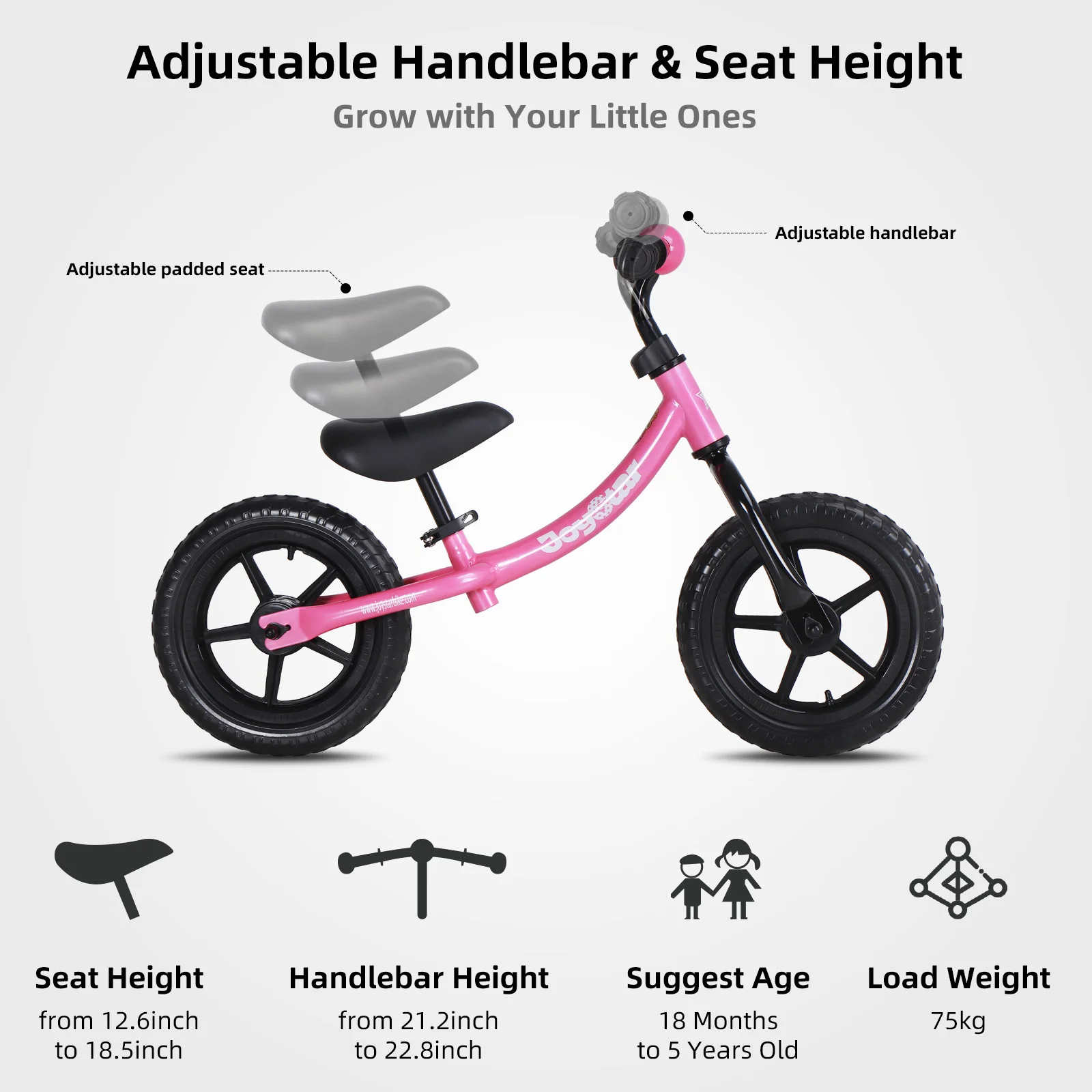 JOYSTAR Bicicleta de equilibrio de 12 pulgadas para niños y niñas de 2 a 5 años, bicicleta de empuje liviana con manillar ajustable, asiento, rosa