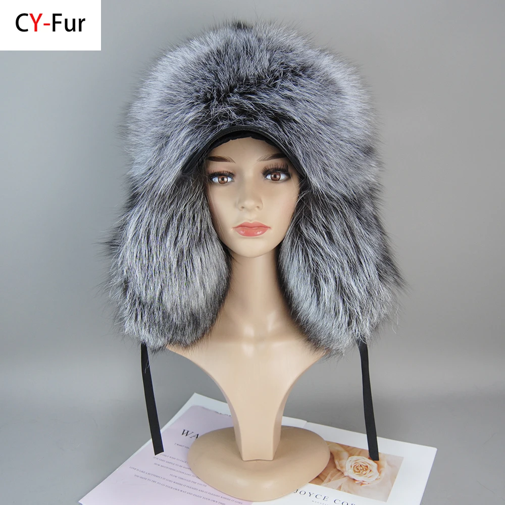 

Winter Luxury Real Raccoon Fur Bomber Hats Fashion Warm Unisex Fluffy Genuine Full Fox Fur Hat Natural Real Silver Fox Fur Caps