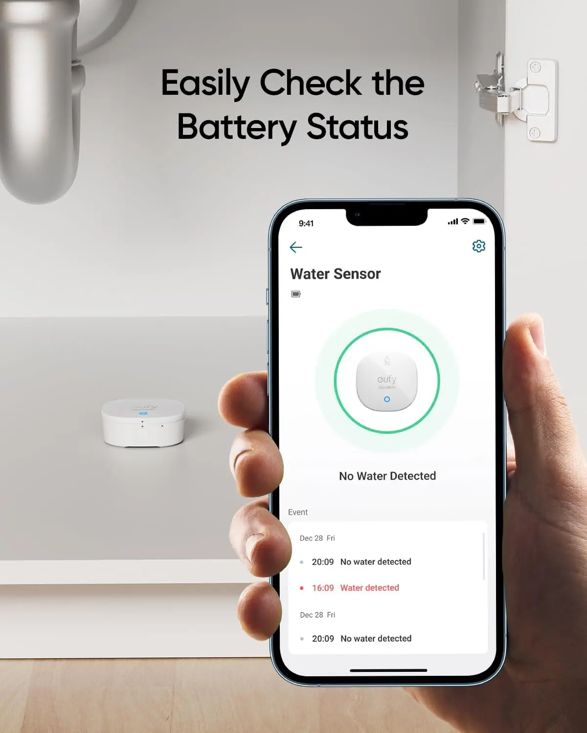 eufy Sensore di acqua e congelamento di sicurezza con avvisi remoti IP65 Impermeabile Durata della batteria di 2 anni HomeBase richiesta