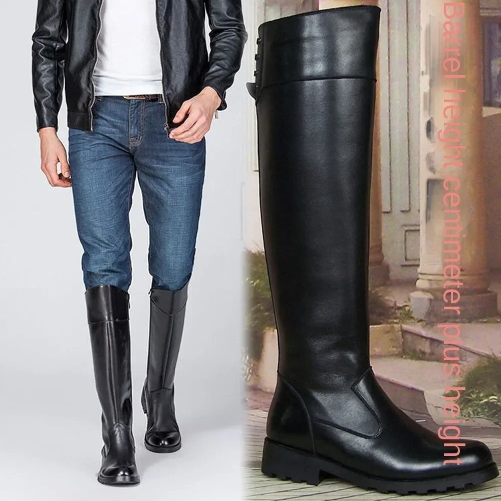 

Men's Genuine Leather Motorcycle Boots High Equestrian Boots Honor Guard Winter Male Plush Long Knee-high Knight Boots
