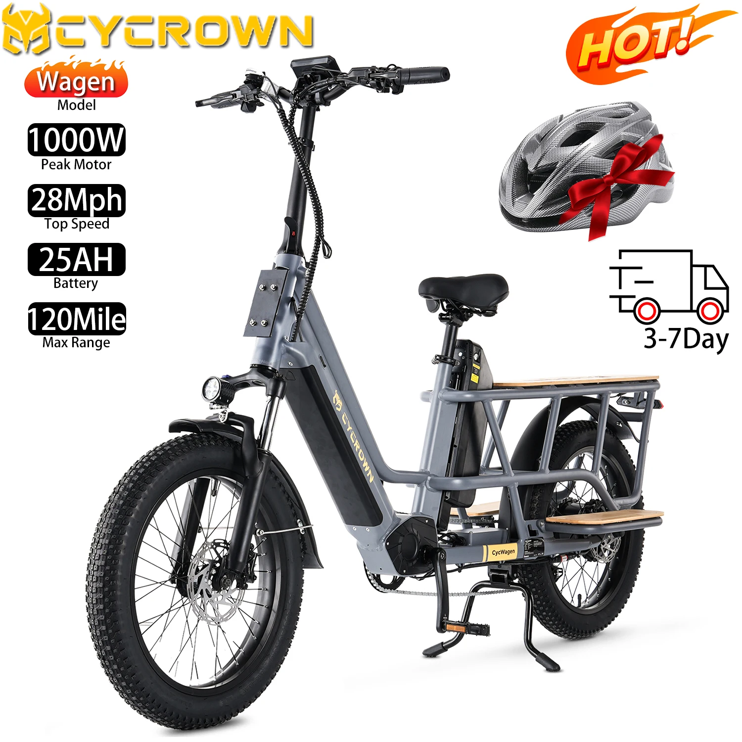 

Электрический грузовой велосипед CYCROWN для взрослых, 20x3 дюйма, 1000 Вт, максимальная скорость двигателя ​ ​ Городской электронный велосипед, 28 миль в час, 48 В, 25 Ач, максимальный диапазон, 120 миль, нагрузка 400 фунтов