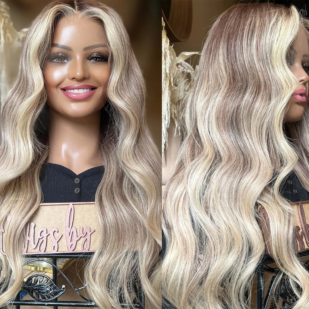 

Brazilian Virgin Human Hair Full Lace Wigs for Women Medium Ash Blonde HD Lace Frontal Wig 13x6 Highlights Wig 28" 180% Density