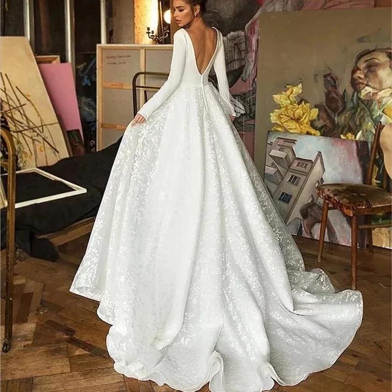 Vintage Satin Lace Wedding Dresses 2022 Long Sleeve V-neck Backless Bridal Gowns White Vestido de Novia Elegant Open Back Long