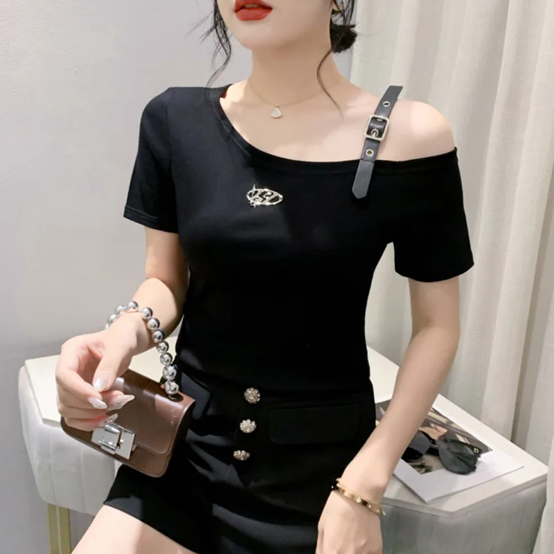 #5840 Black White Red Short Sleeve T Shirt Women Skew Collar Off Shoulder T-shirt Sexy Club Short Tshirt Femme Slim Korean Style