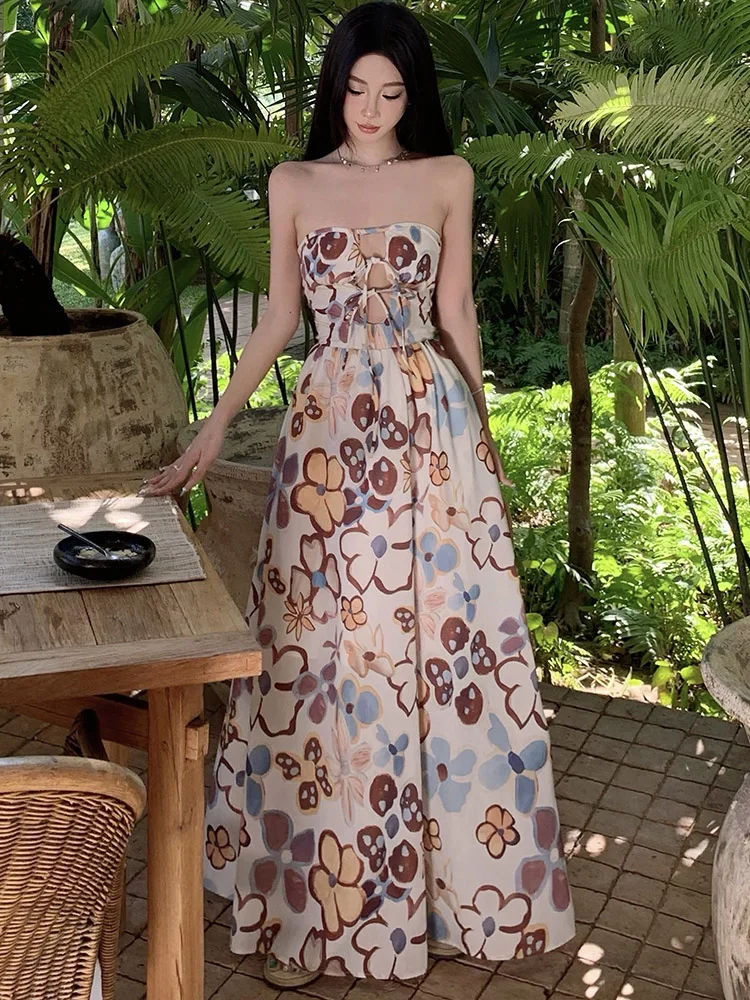 Letni nadruk bandaż owijanie klatki piersiowej seksowna sukienka Maxi kobiety styl plażowy Casual Dress 2025 koreański elegancki luksusowy festiwal Vestidos