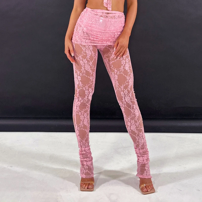 

BKLD Sexy Nightclub Wear Bottoms For Women 2024 Mesh Lace See-through High Waisted Ruched Casual Tight Floral Pantskirt Leggings