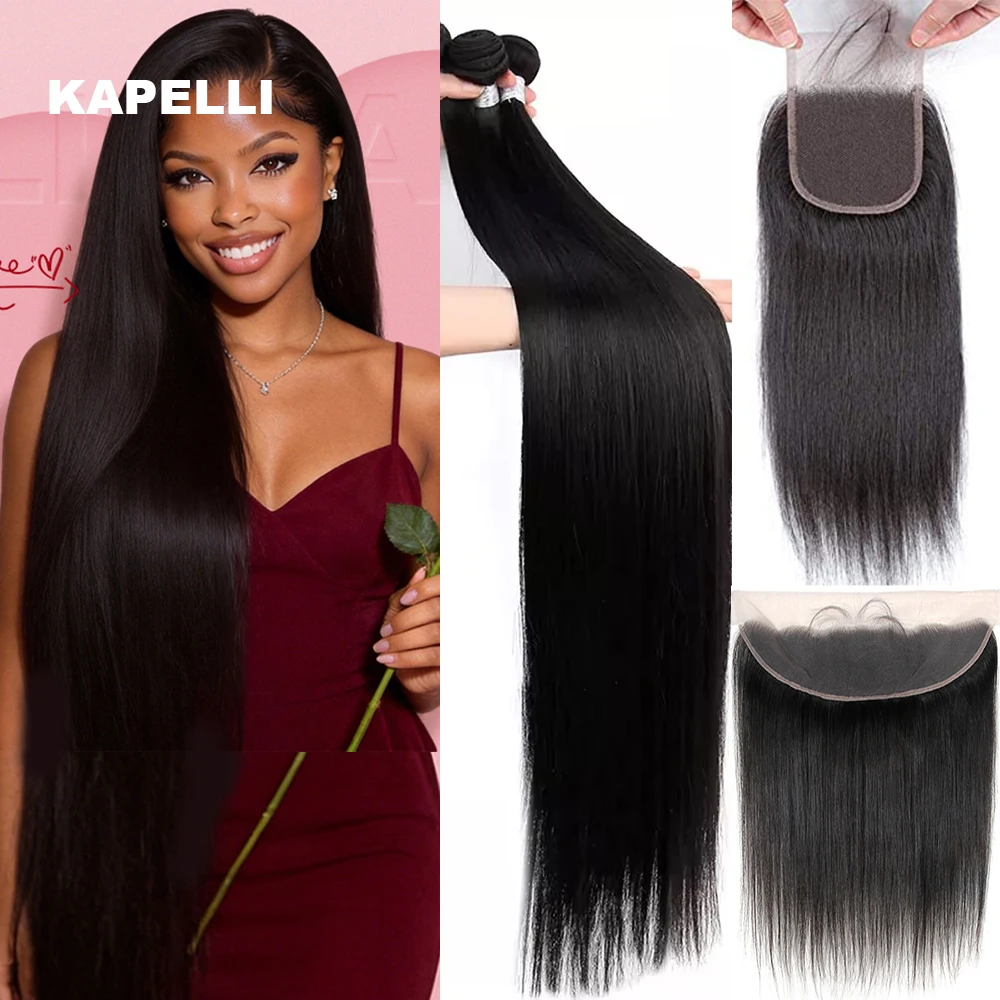 

Наборы прямых накладных прядей из натуральных человеческих волос 28, 30, 32 дюйма с фронтальной кружевной вставкой 13x4 и бразильской заколкой для волос 4x4