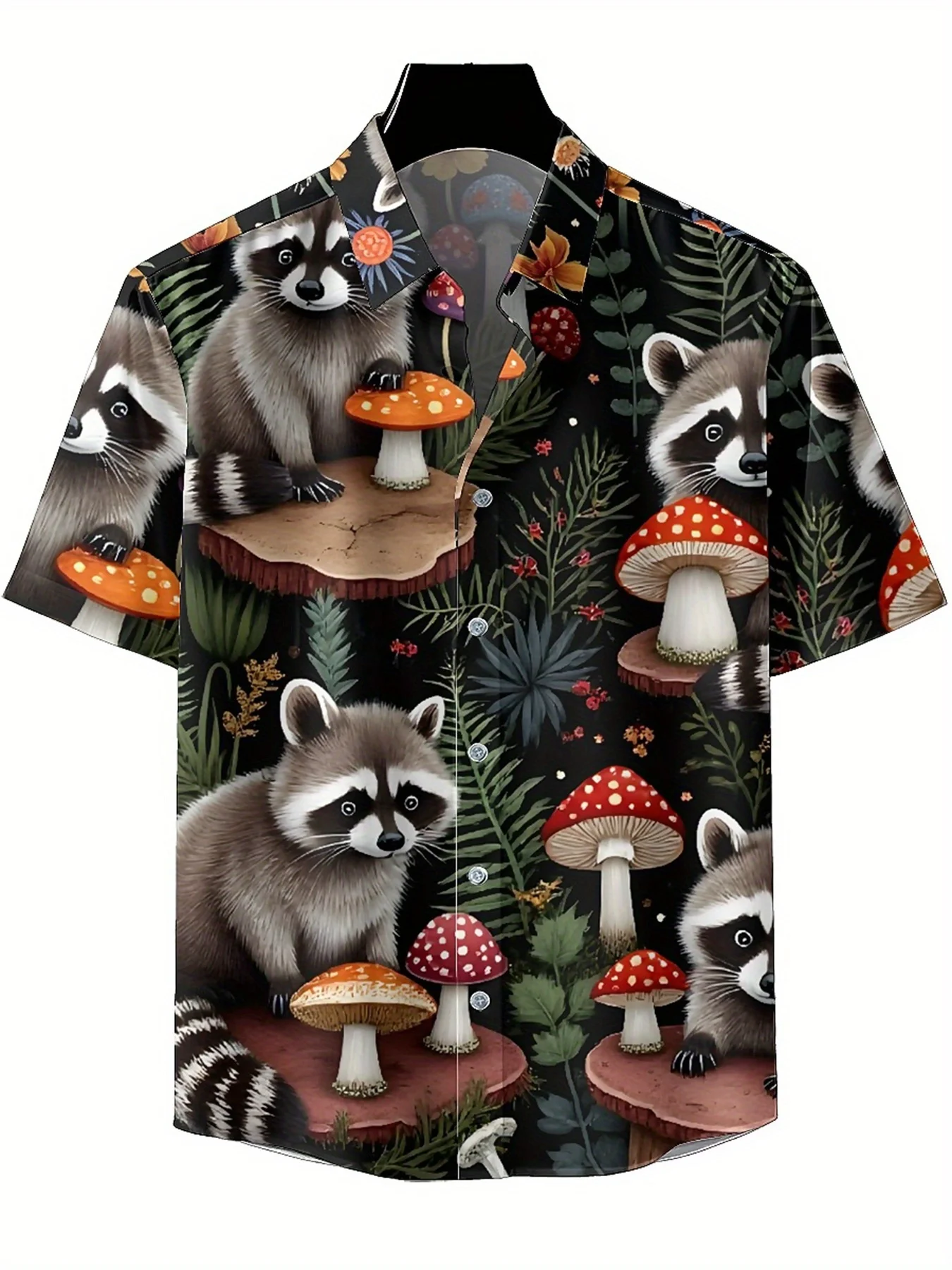 Men's Plus Size Hawaiian Shirts Raccoon and Mushrooms Pattern, Unisex Aloha Shirts,New in Summer Tops Tee,streetwear