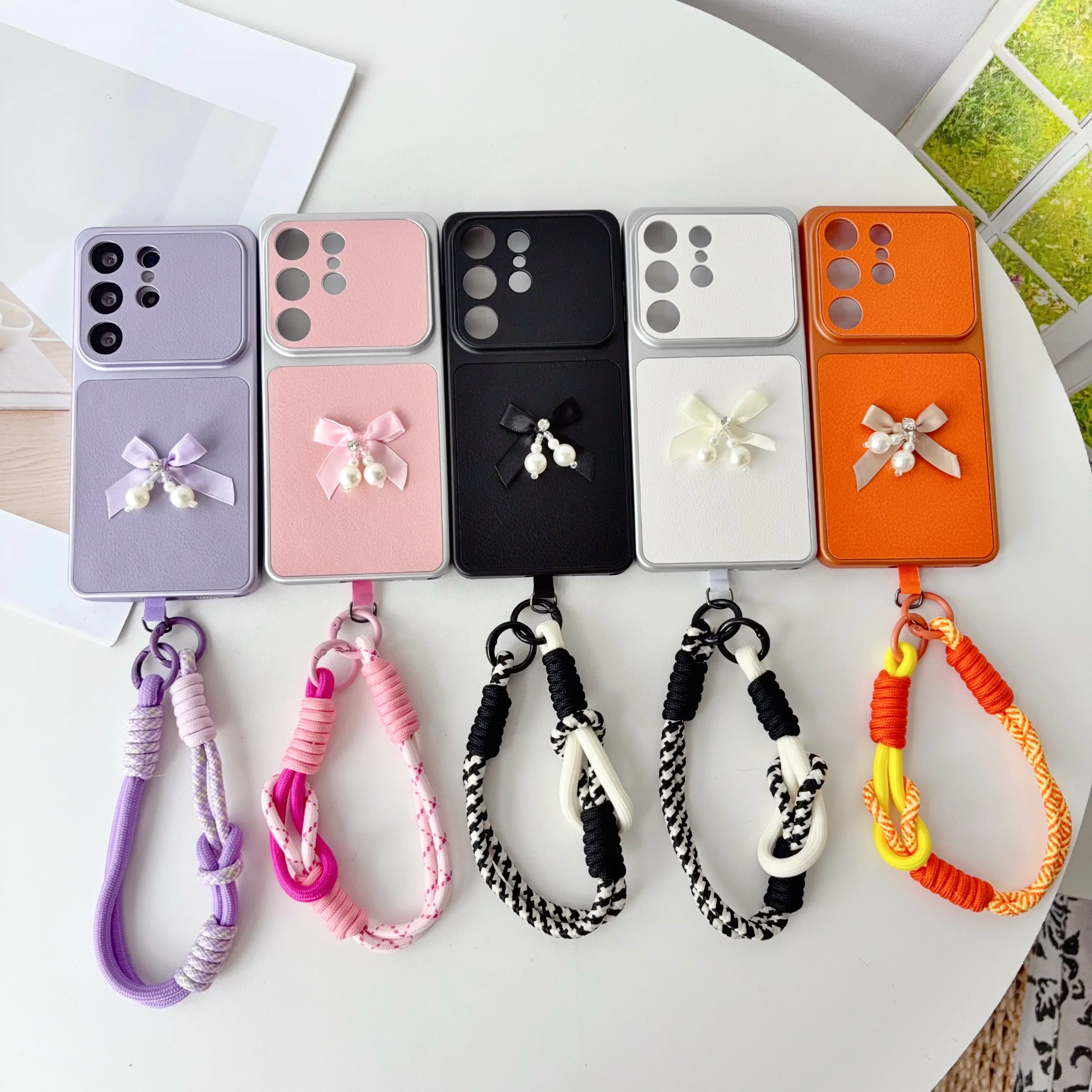 Hand Strap Lanyard Phone Case For Samsung Galaxy S26 S25 S24 S23 S22 Note 20 Ultra Plus Edge FE Cute Pearl Decor Bow Knot Cover
