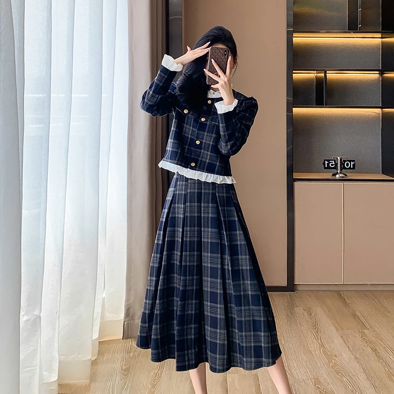 New Luxury Autumn Plaid Two Piece Set Designer Women Ruffles Single Breasted Short Tops + High Waist A Line Pleated Skirts Suits