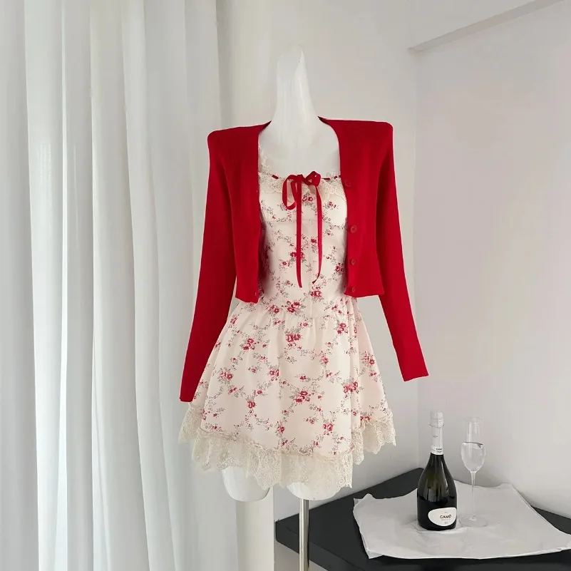 Sweet Cottagecore  Two Piece Set Women 2024 Red Knitted Cardigan +Cute Mini Dress Female Floral Print Casual Floral Dress Suit