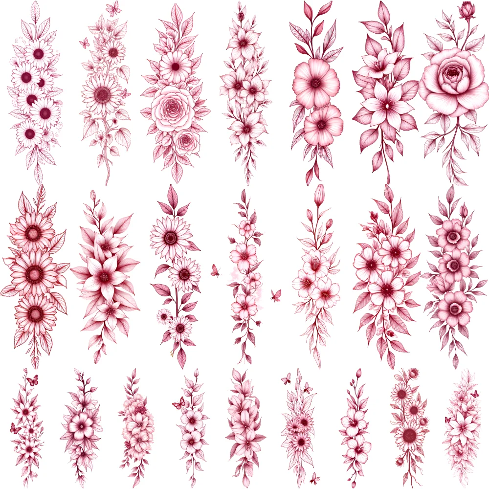 

9 шт. временные татуировки с цветочным узором, водонепроницаемые долговечные наклейки для тела, цветочные татуировки, красная линия для женских рук, бедер