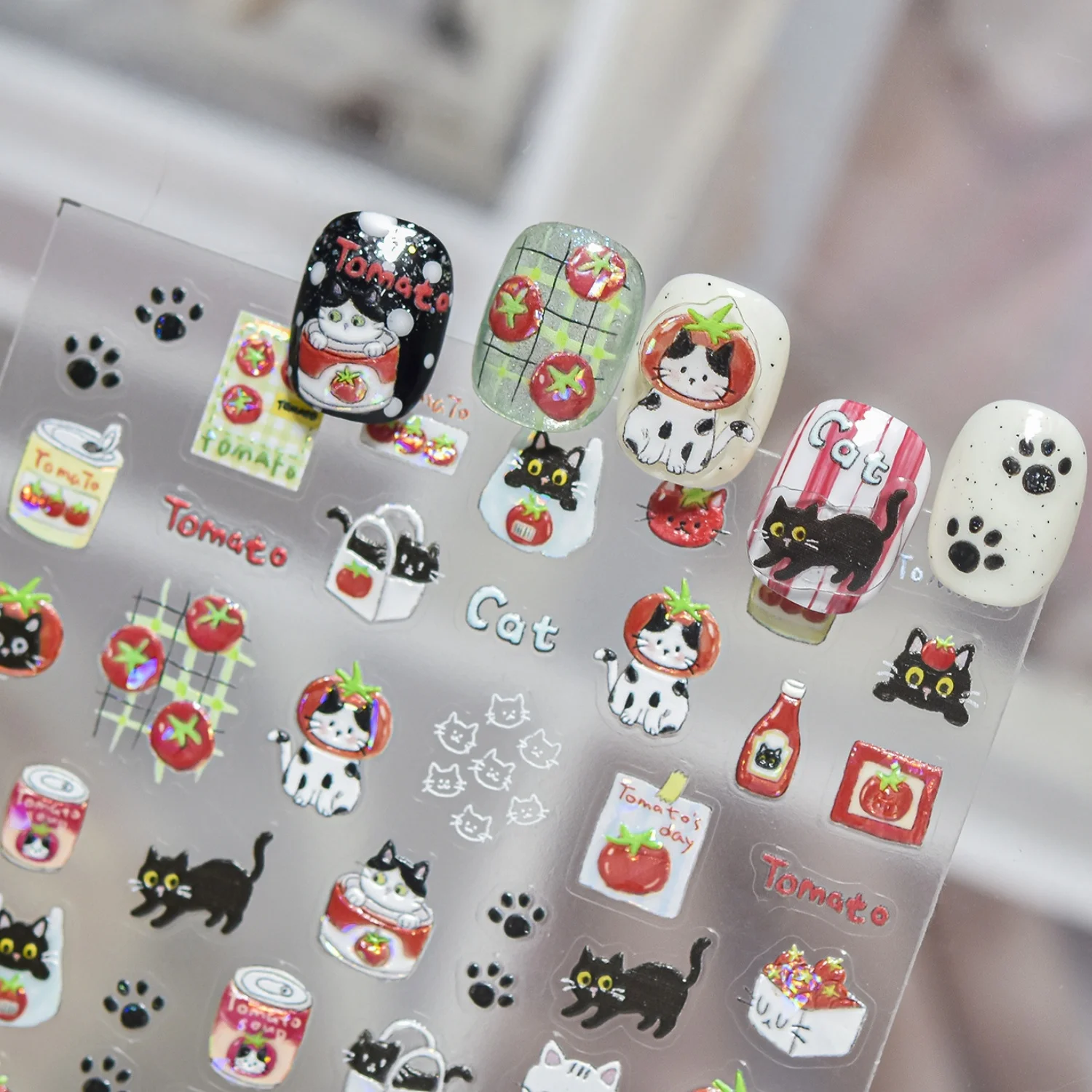 Adhesivos para Uñas con Diseños Lindos y Divertidos 5D, Gato Blanco y Negro, Cabeza de Tomate, Envase de Salsa de Tomate, Huella de Pata, Pegatinas para Manicura