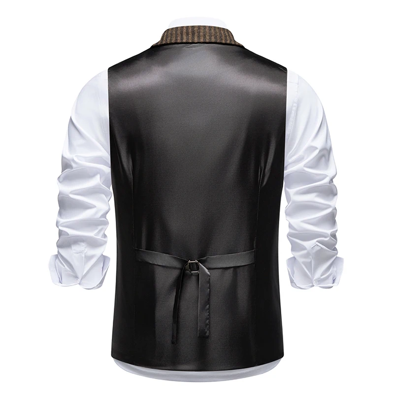 Men's Retro Lapel Chain Vest Fashion Herringbone Coarse Tweed Pockets Suit Vest British Casual Vintage Gentleman Leisure Party